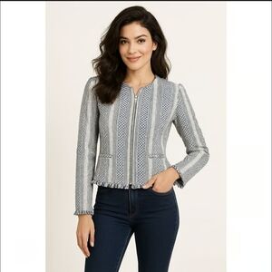 Adrienne Vittadini Stripe Cotton Tweed Zip Front Fringe Jacket S Blue Old Money